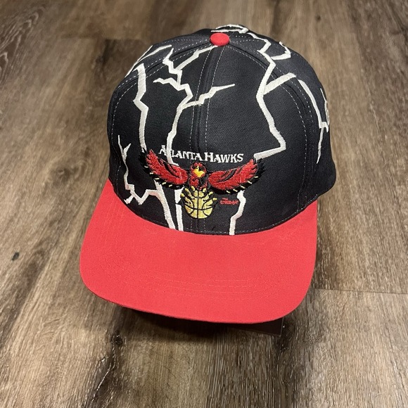 Atlanta Hawks Snapback Hat Black Red White Vintage Drew Pearson‎ Lightning Bolt